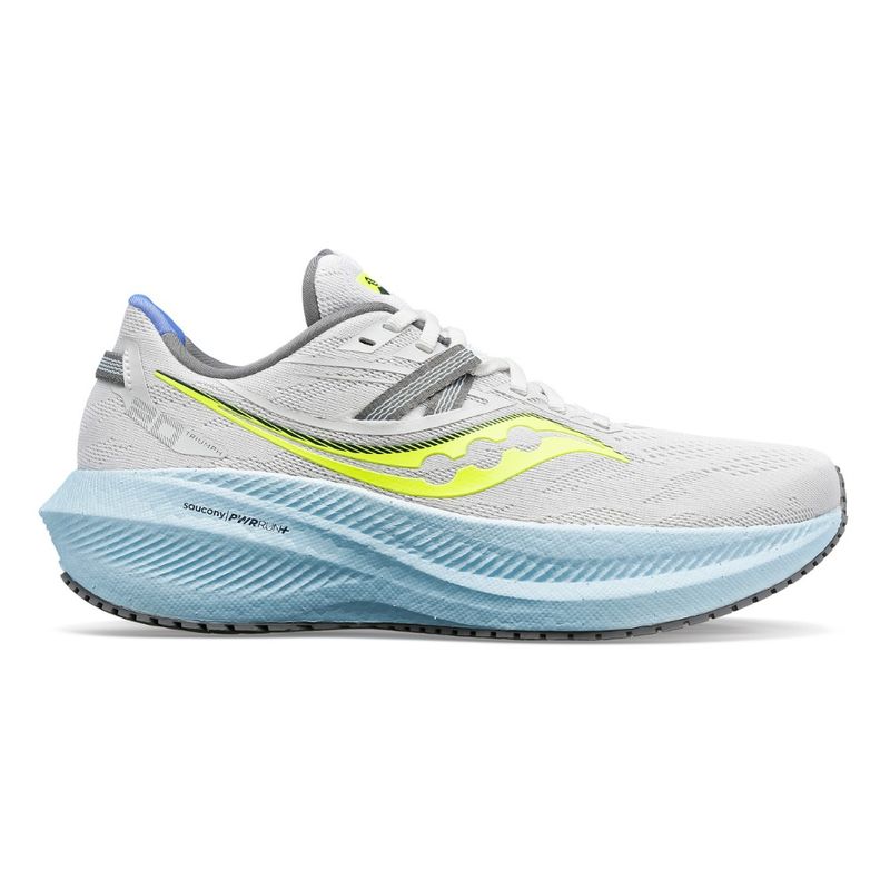 tenis-saucony-triumph-20-cinza-claro-e-azul-lateral-externa